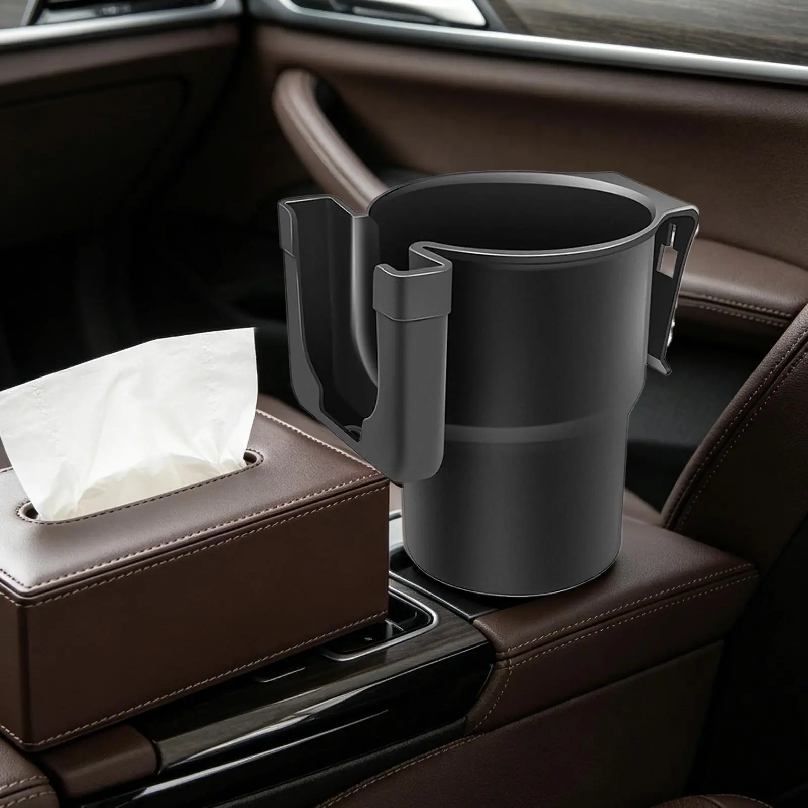 Car Cup Holder Auto Interior Beverage Organizer with Phone And Trash Can Storage Black ABS Interior Accessory for Vehicles
