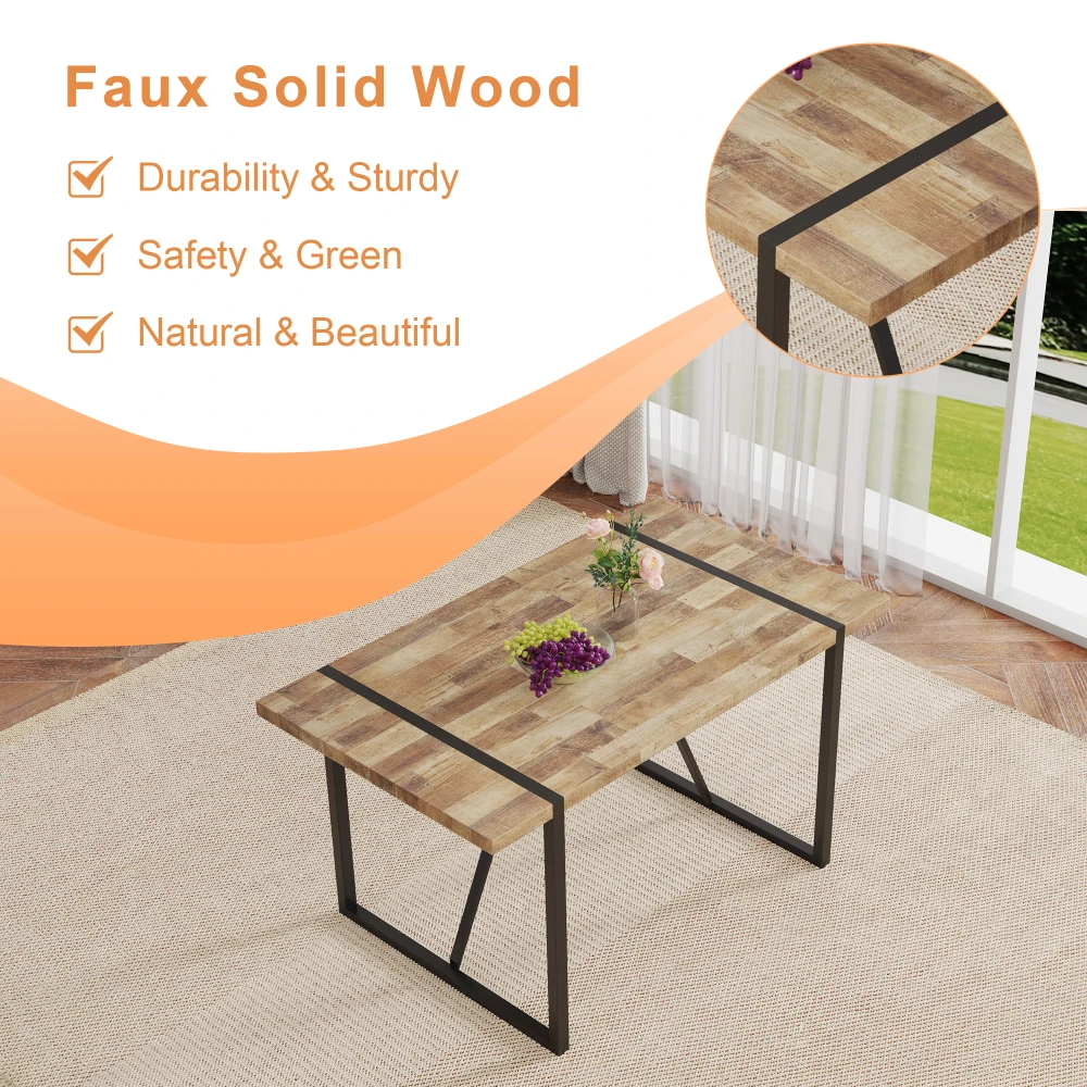 Uma mesa de jantar retangular retrô minimalista com tampo especialmente texturizado e pernas de metal preto