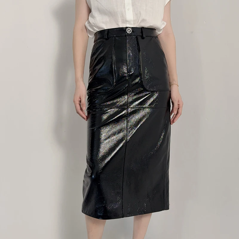 Black Long Skirt Spring Autumn Fashion Patent Leather Sheepskin Ladies High Waist Pocket Back Split Slim Straight Jupe Longue