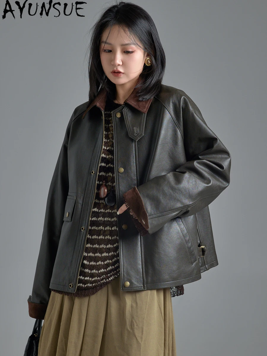 AYUNSUE Top veste en cuir véritable pour femmes 2025 manteau en peau de mouton véritable pour femmes Vintage printemps automne vêtements tout bronzage des plantes