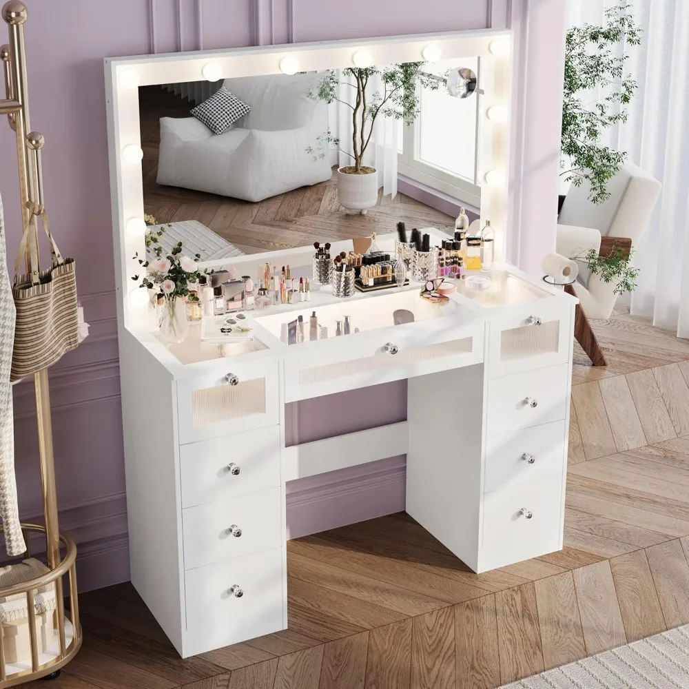 Makeup Vanity Desk with Lights and Large Mirror,Drawers Light Up Vanity,Glass Top Make Up Table with Charging Station,Customized image 5