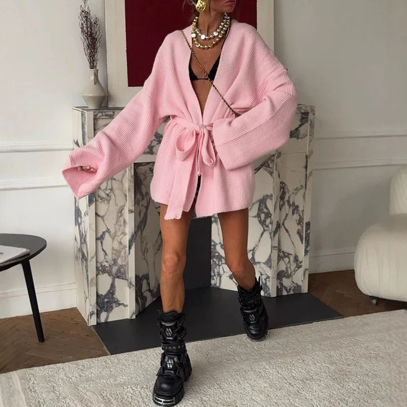 

Осень-зима, повседневный свитер, верхнее пальто, 2025 г., элегантный кардиган с v-образным вырезом и длинными рукавами, женское модное однотонное свободное пальто на шнуровке