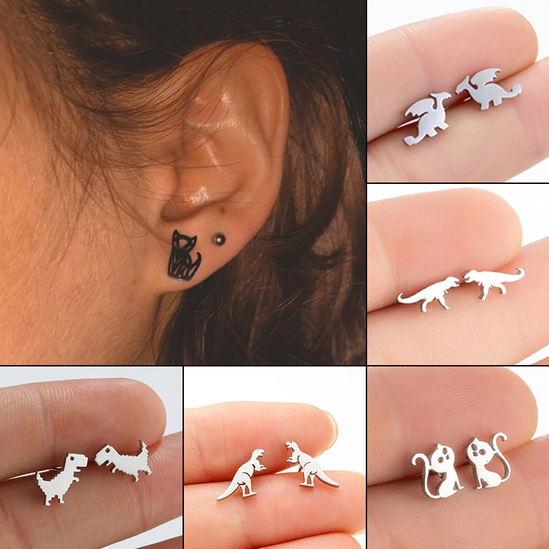 Neo-gothic Stainless Steel Fox Cat Earring Multiple Dinosaur Ear Jewelry Girls Halloween Party Animal Earrings Gifts Accessories