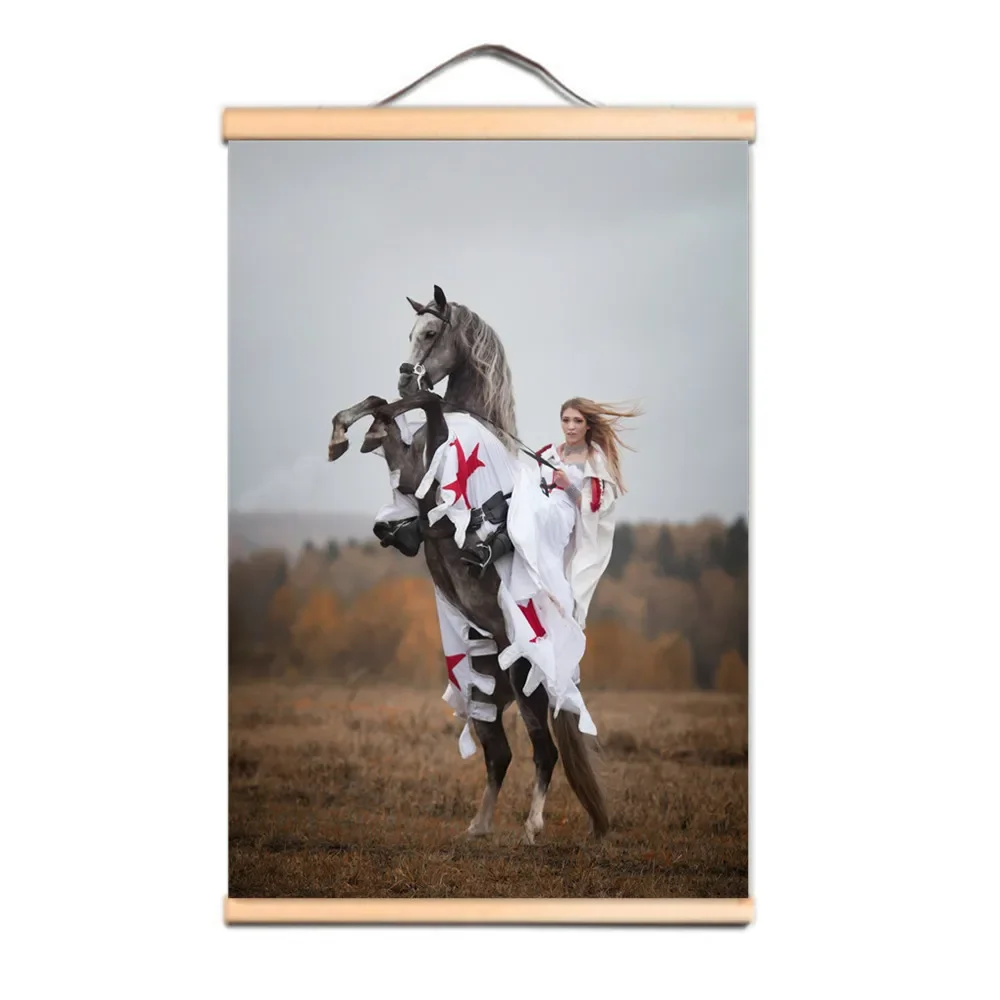 Female Templar on Horse Art Decor, Crusader Armor Warrior Posters and Prints, Wooden scroll Painting Artwork Wall Hanging Banner