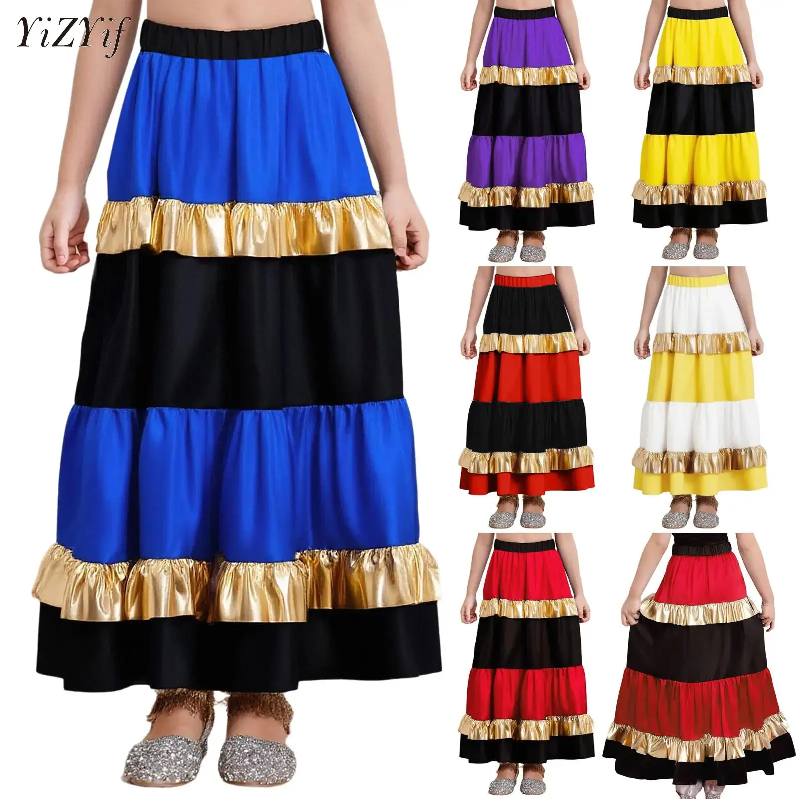 

Traditional Spanish Dance Maxi Skirts For Girls Festival Tiered Ruffled Dress Classic Waltz Flamengo Gypsy Style Children Skirt