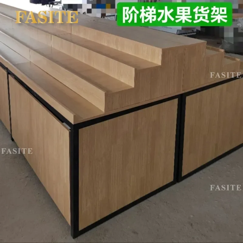 For Fruit Display Shelf Stepped Steel and Wood Single Layer Stacking Cabinet Side End Storage Rack for Grocery Store