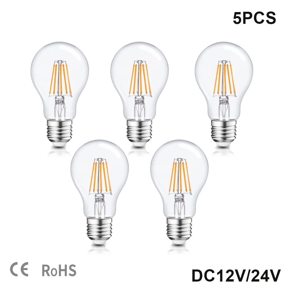 

Светодиодная лампа накаливания A19 6 Вт, низкое напряжение, постоянный ток 12 В, 24 В, шаровидные лампы Эдисона, 4500K, дневной свет, теплый белый свет, 2700K E26 E27