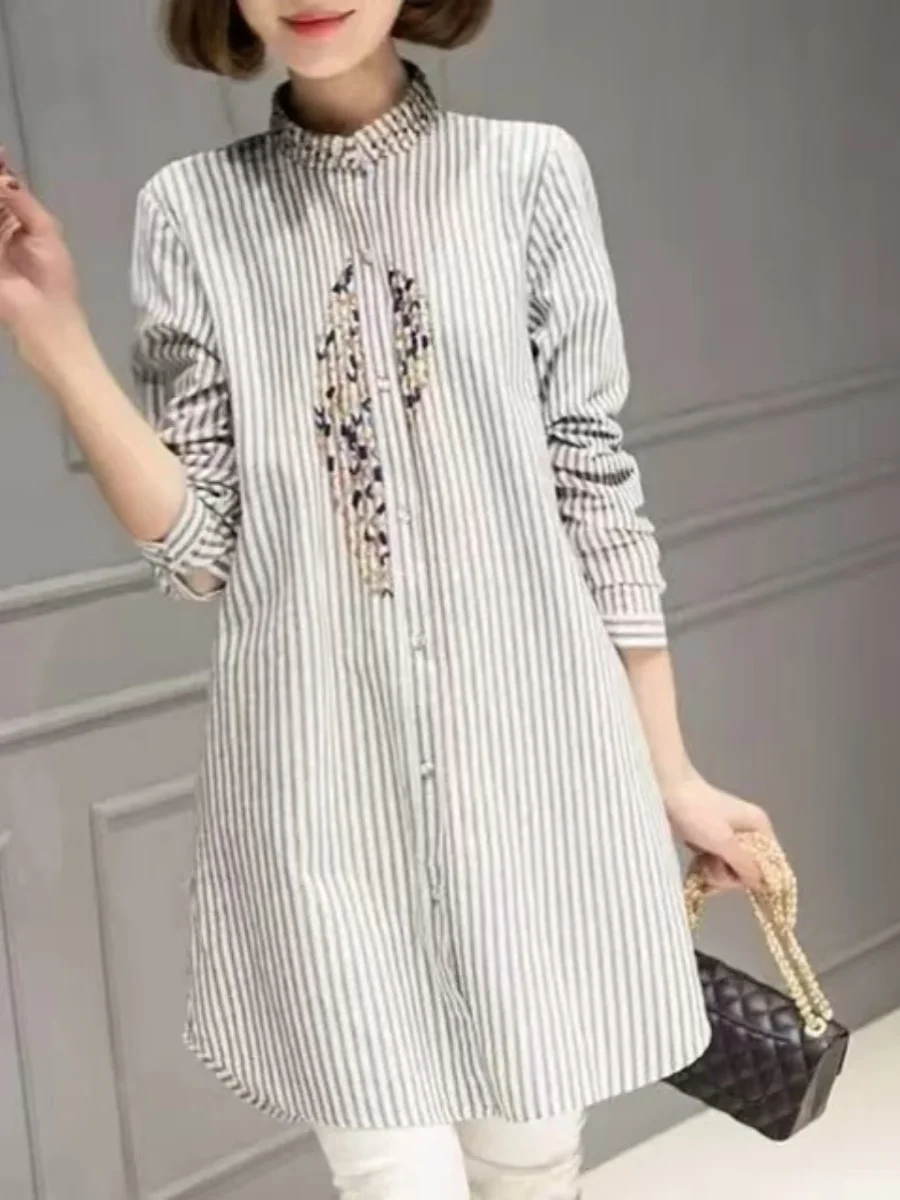 

Trendy Striped Women's irt Butt Covering Spring Autumn Sle Korean Version Loose Fit Pure Cotton Long Sve Button up