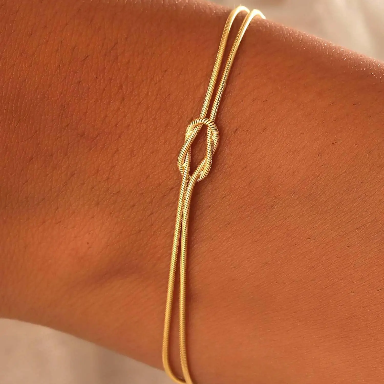 Gold Brass Snake Chain Bracelet Trendy Knotted Love Couple Bracelet Fashion Jewelry Accessories Simple Gift