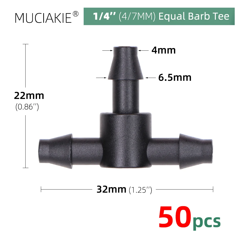 MUCIAKIE 50PCS 4/7MM Barb Tee Connector 1/4'' 3-Way Tubing Splitters Black Garden Micro Drip Irrigation Water Coulping Adaptors