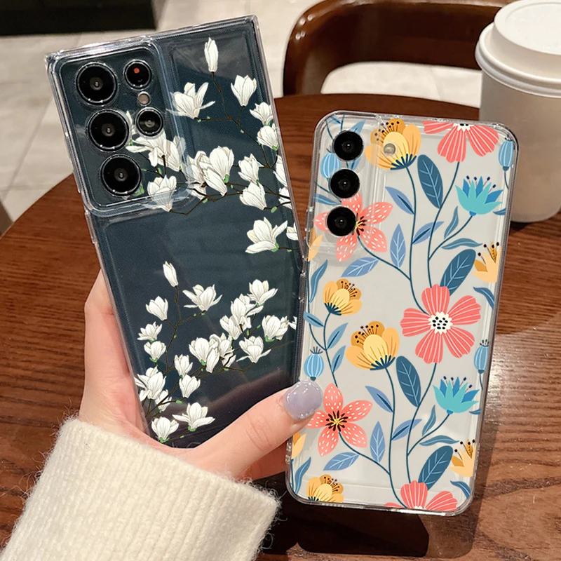 Flower Leaf Patterned Phone Case For Samsung Galaxy S26 S25 S24 S23 Ultra S22 Plus S24 S21 FE S25 Edge Clear Silicone Soft Cover