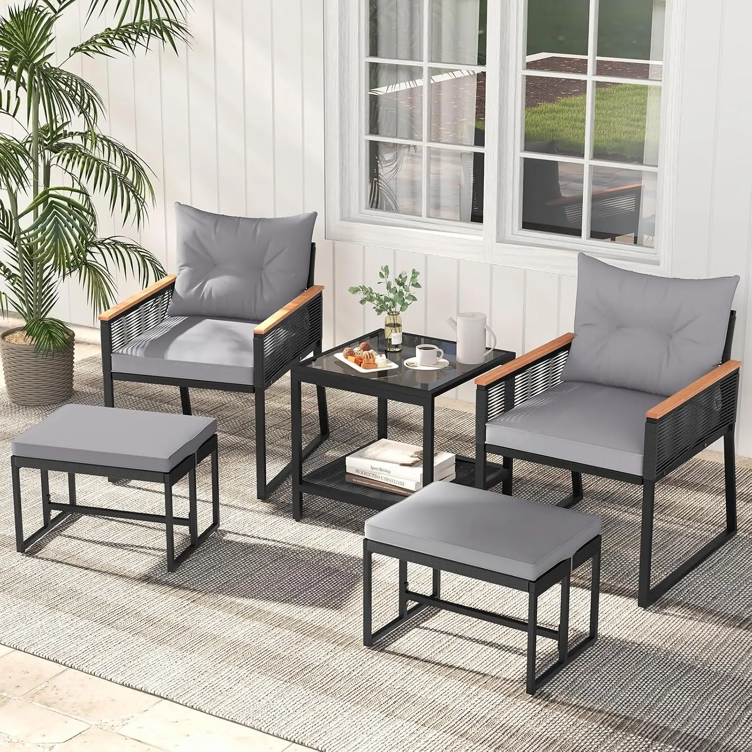 5 Piece PE Rattan Patio Sofa Set with 2 Ottomans, Soft Cushions & 2 Tier Table, Outdoor Furniture for Backyard Garden Poolside,