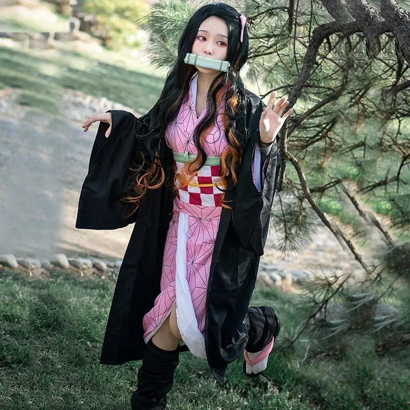 Kamado Nezuko przebranie na karnawał Anime Kimono Kimetsu No Yaiba Kamado Nezuko kostium peruka jednolite Halloween kobiety dzieci