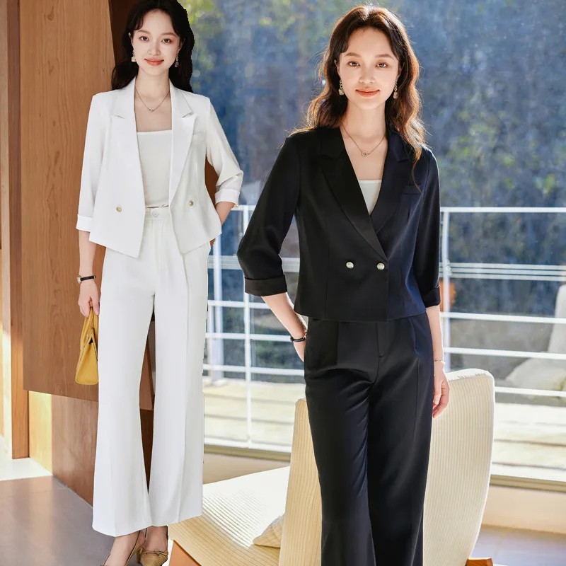 

Three-Quarter Sleeve White Suit Jacket for Women Spring and Summer2024New Thin Professional High-Grade Suit Wide-Leg Pants Suit