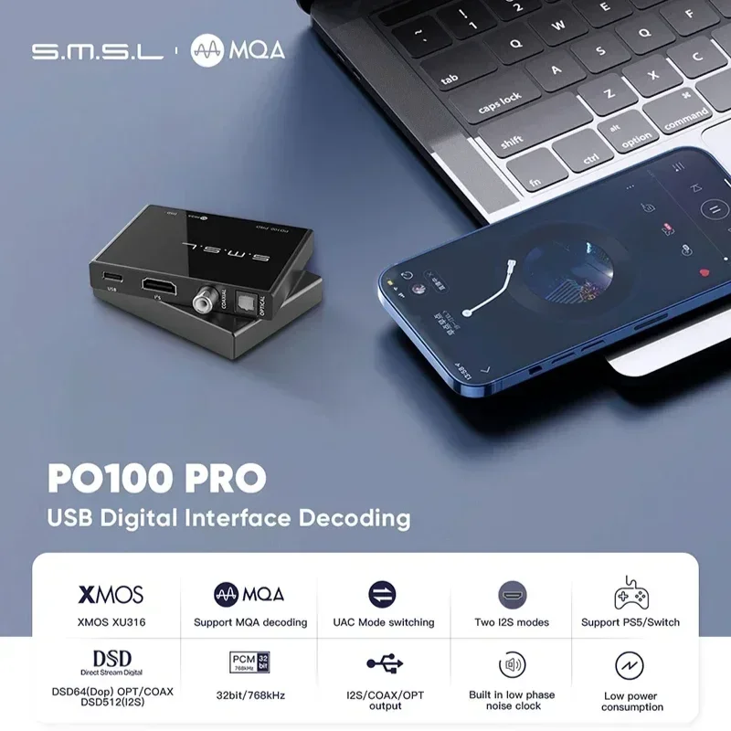 SMSL PO100 PRO USB 디지털 인터페이스 MQA 디코딩 XOMS XU316 DSD64 광학 동축 DSD512 I2S 출력 32비트 768Khz PS5…