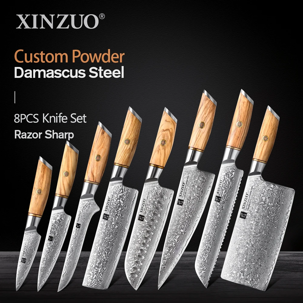 XINZUO 8 Piece Set Custom Damascus Steel High Carbon Bread Boning Santoku Chef Steak Knife Tool with Olive Wood Handle