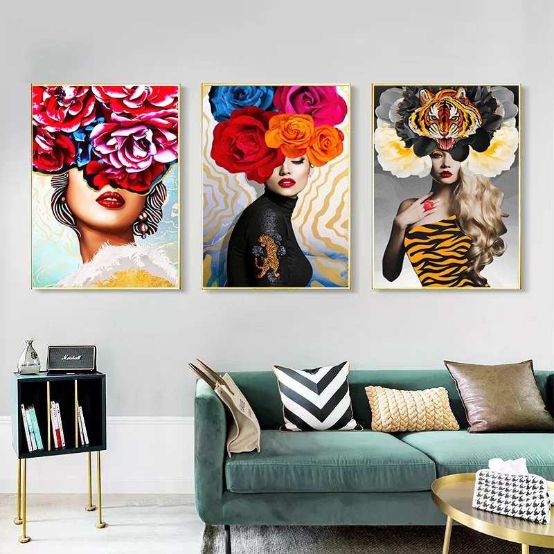 

Modern Abstract Floral Girl Fashionable Portrait Walls Artistic Printed Canvas Painting Posters Living Room Home Decor Frameless
