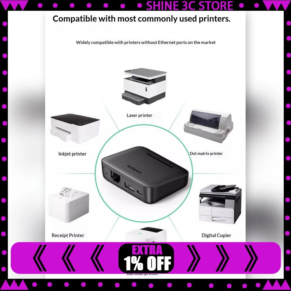 UGREEN 10941 Wireless USB Print Server Network Printer Sharing Adapter Automatic Queue Switching.
