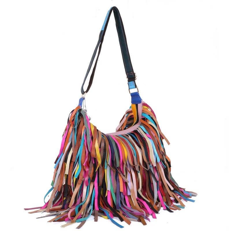 Bolso de mano con borlas de colores para mujer, bolso de mano de retales de piel de oveja de alta calidad, gran capacidad, informal, a la moda, elegante, 2024