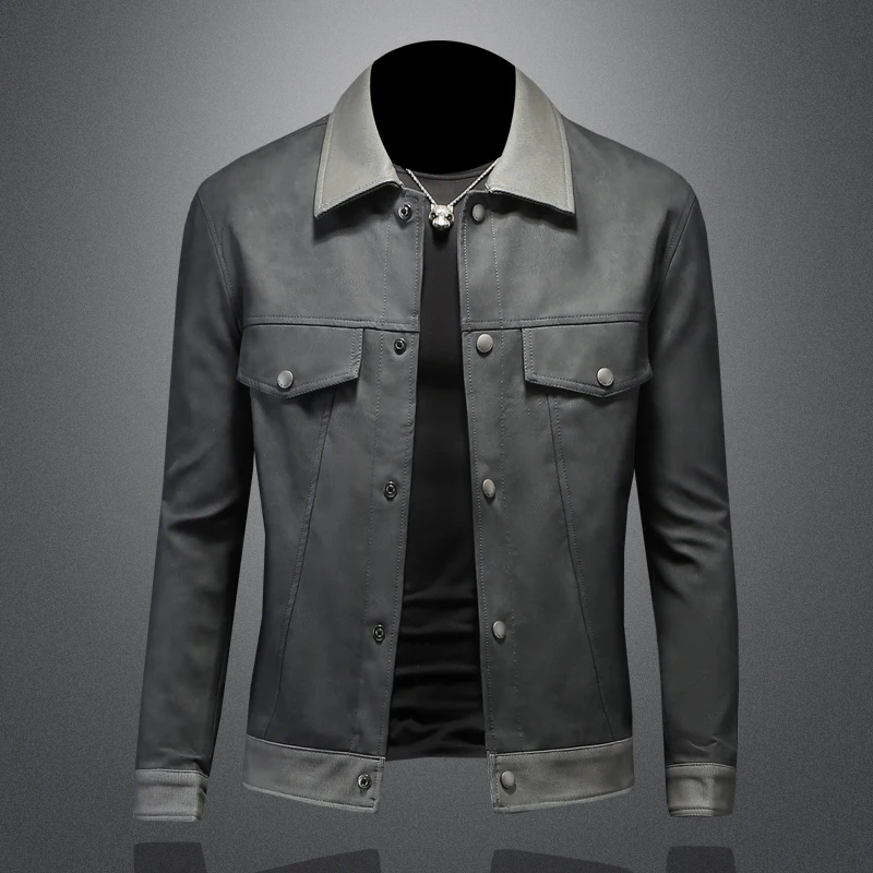 

Высококачественная модная мужская кожаная куртка-косуха с отложным воротником, осенне-зимняя новинка, на одной пуговице, из искусственной кожи