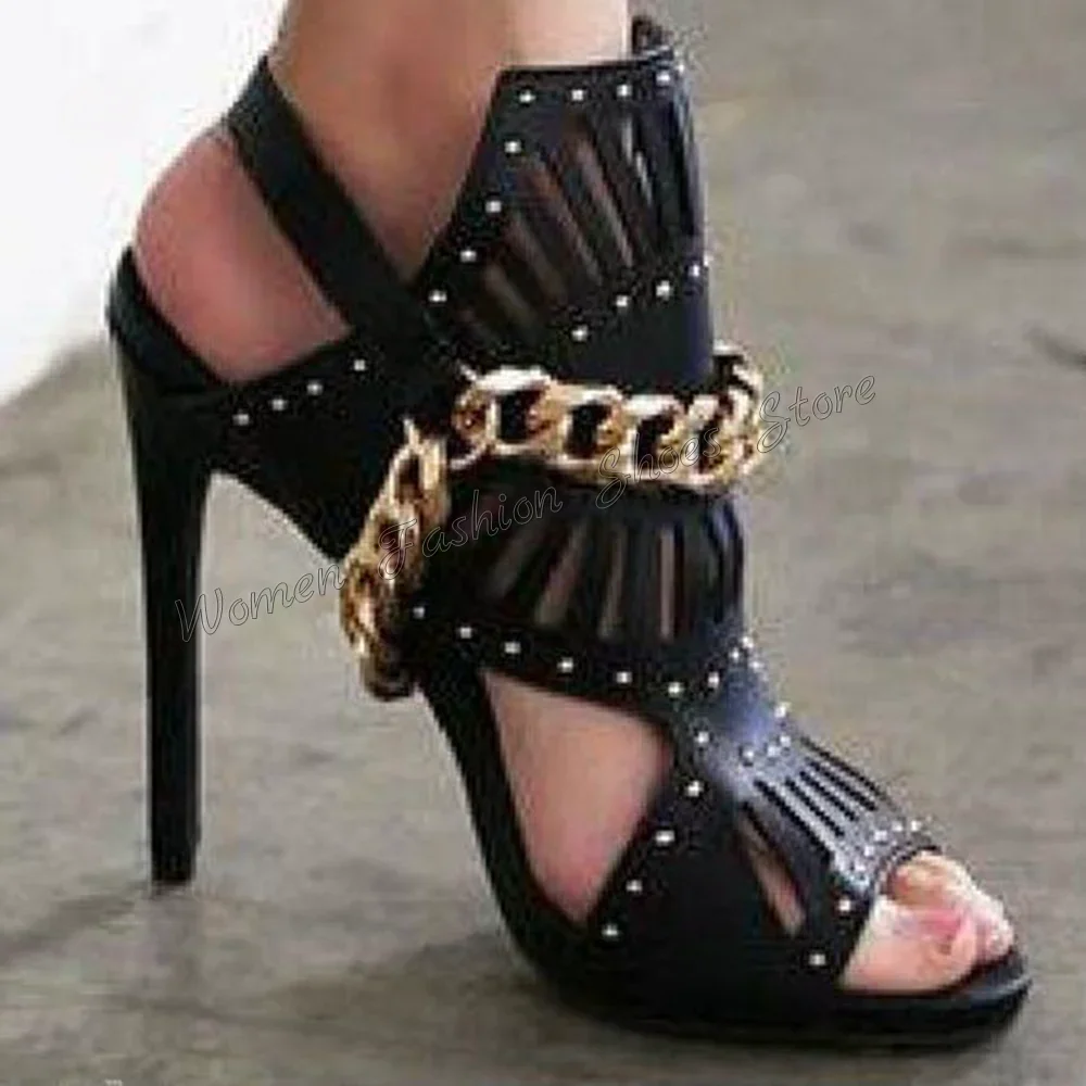 

Black Chain Decor Rivet Decor Cut Out Sandals Peep Toe High Heel Shoes for Women Fashion Heels 2025 New Zapatos Para Mujere