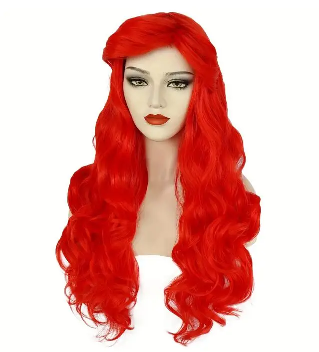 Wig panjang keriting merah sintetis, kostum Cosplay Halloween untuk pesta sehari-hari Cos untuk wanita