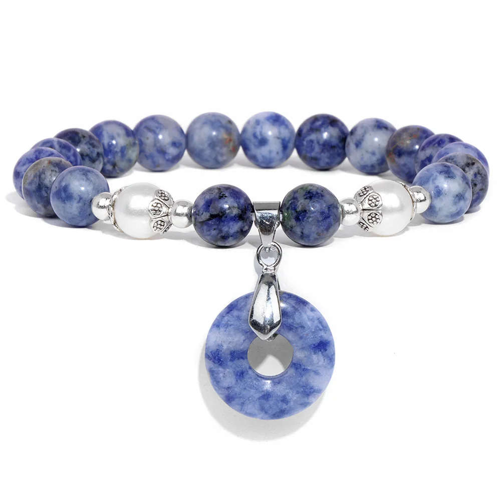 Natural Stone Pendant Bracelet Blue Sodalite Malachite Amethysts Tiger Eye Stone Circle Hexagonal Heart Charm Bangles Jewelry