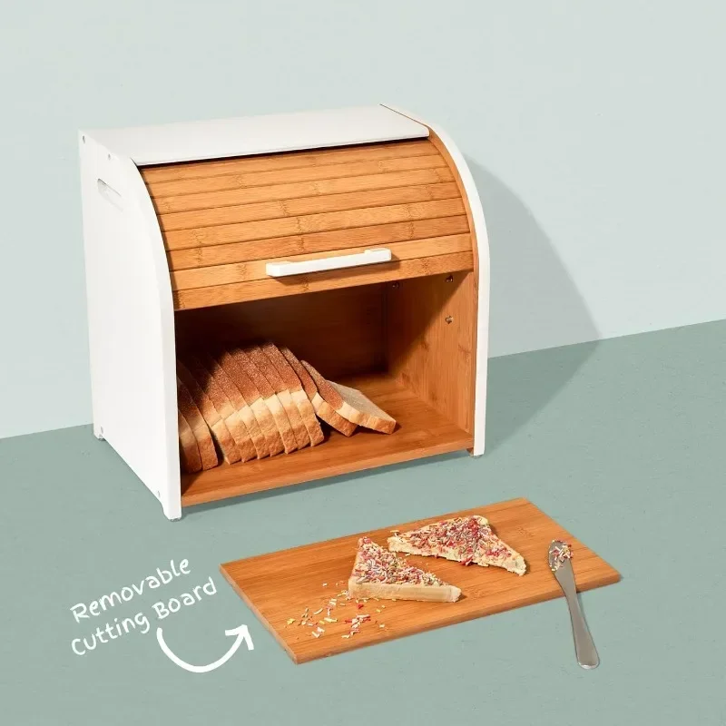 Double Layer Bread Box for Kitchen Countertop, Roll Top Bread Box Wood, Extra Large Bread Box for Kitchen Storage