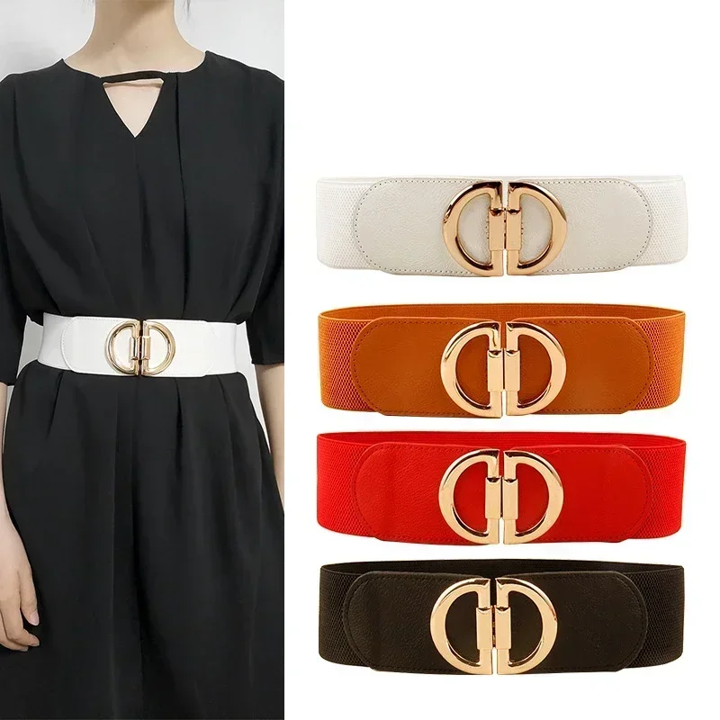 Elastic Double Buckle Leather Wide Belt Ladies Retro D Dress Tunic Coat Girdle Red Black Belts for Women Luxury Brand Designer