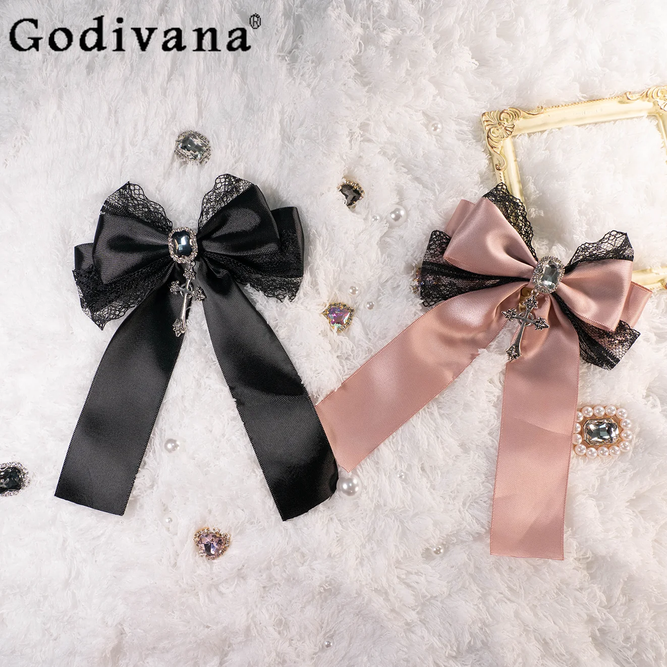 Japanese Girly Sweet Y2k Lolita Hairpin Brooch 2024 New Mine Mass-Produced Bow Rhinestone Lace Hair Accessories Women Side Clips