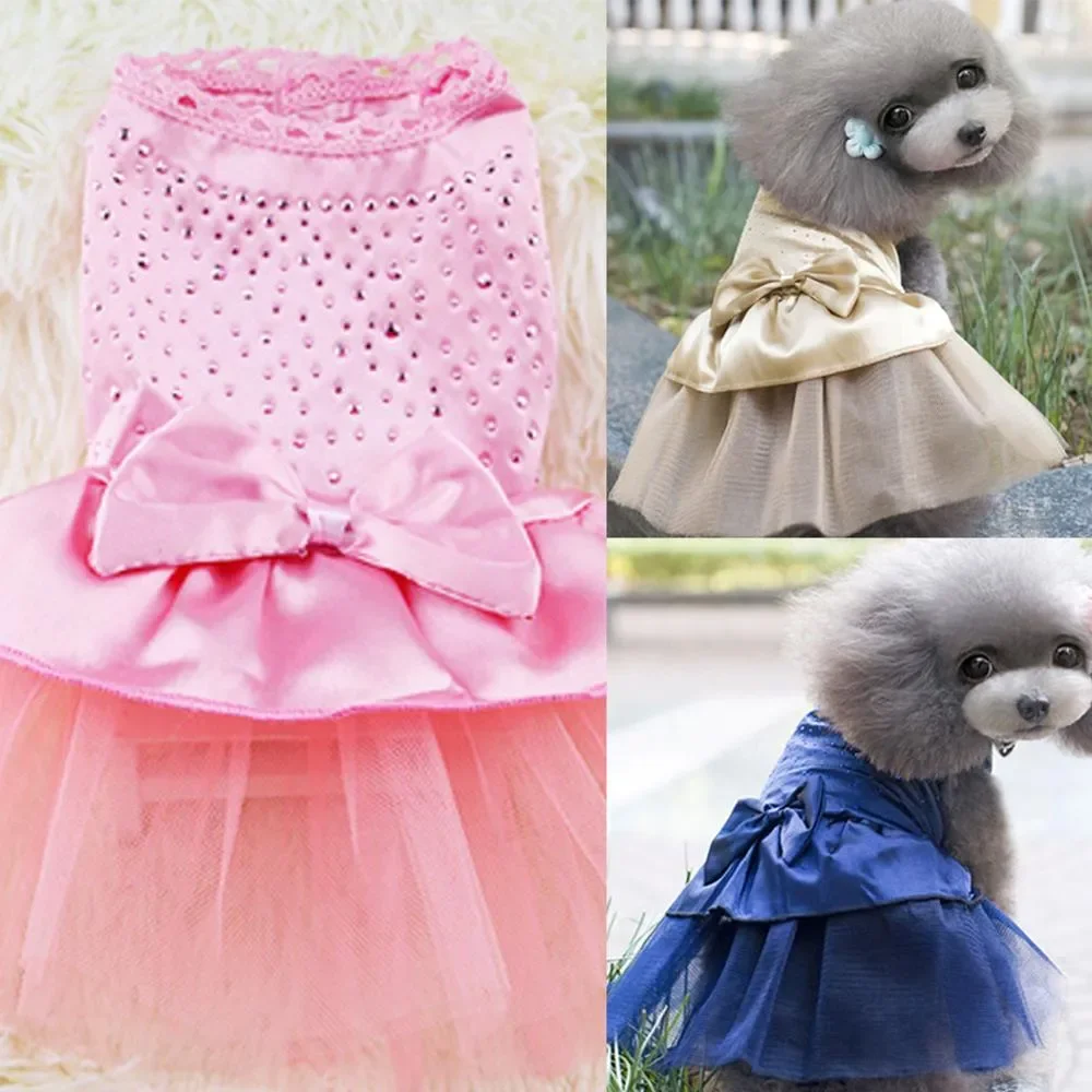 عملي لطيف 3 ألوان الكلب جرو القوس فستان حجر الراين فستان الأميرة فستان حفلة الكلب فستان الزفاف ملابس الحيوانات الأليفة #2