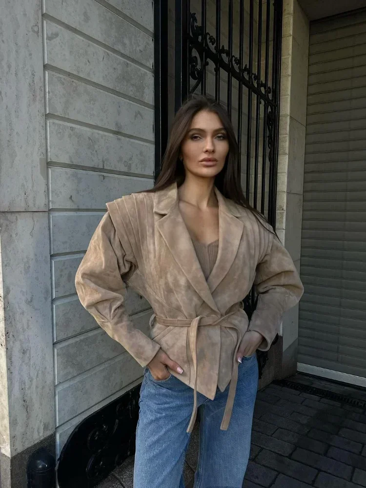 202 Autumn Lady Coat Fashion Retro Women Woolen Jacket With Belt Turn-down Collar Slim Fit Coat Long Sleeve High Waist Coat