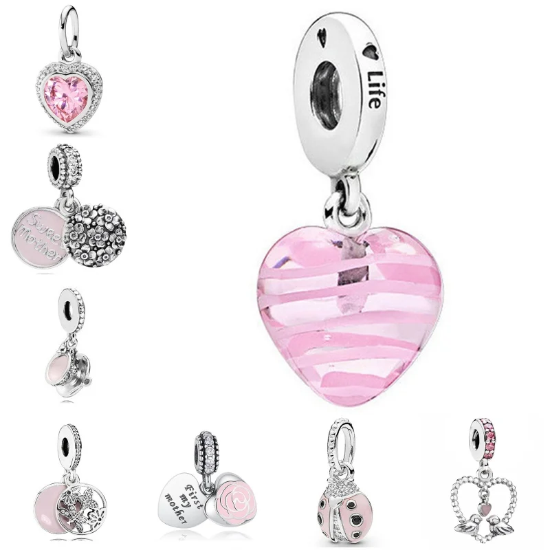 Neue rosa Serie Herz Charms Perlen für Pandora Armbänder Schlüssel bund Halskette DIY Muttertag Schmuck Geschenk für Mama