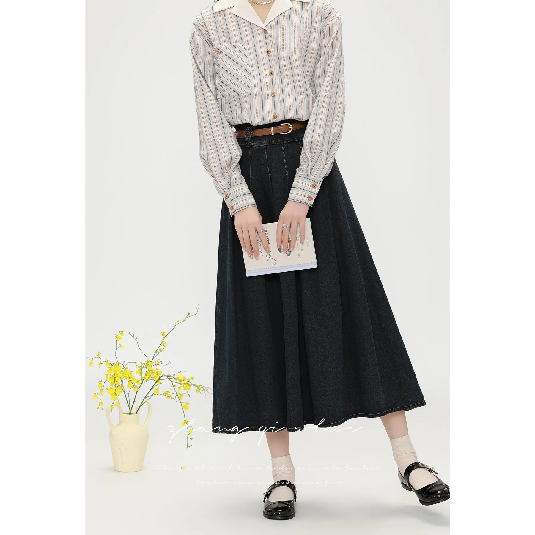 

Юбка А-силуэта с высокой талией из денима, синяя, осенняя коллекция, женская модная свободная плиссированная повседневная юбка в корейском стиле