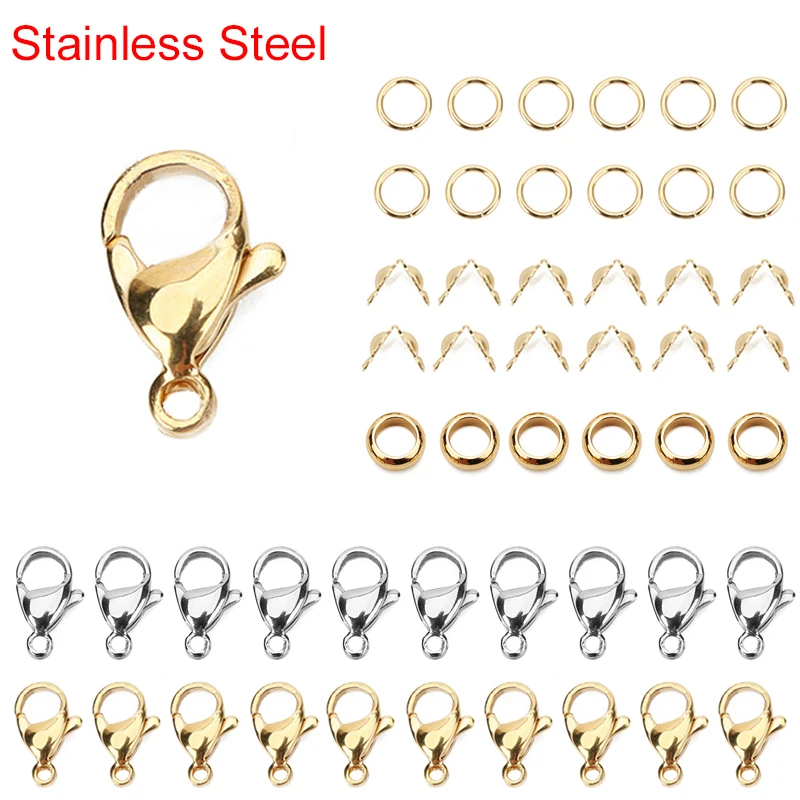 

170pcs Stainless Steel Lobster Clasps End Crimp Bead Cover Jump Rings For Diy Necklace Bracelet Jewelry Making Kit Set Supplies