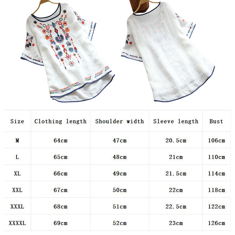 

Ethnic Style Cotton Linen Embroidered T-Shirt Women's Summer Retro Art Loose Plus Size Slimming Versatile Short Sleeve New