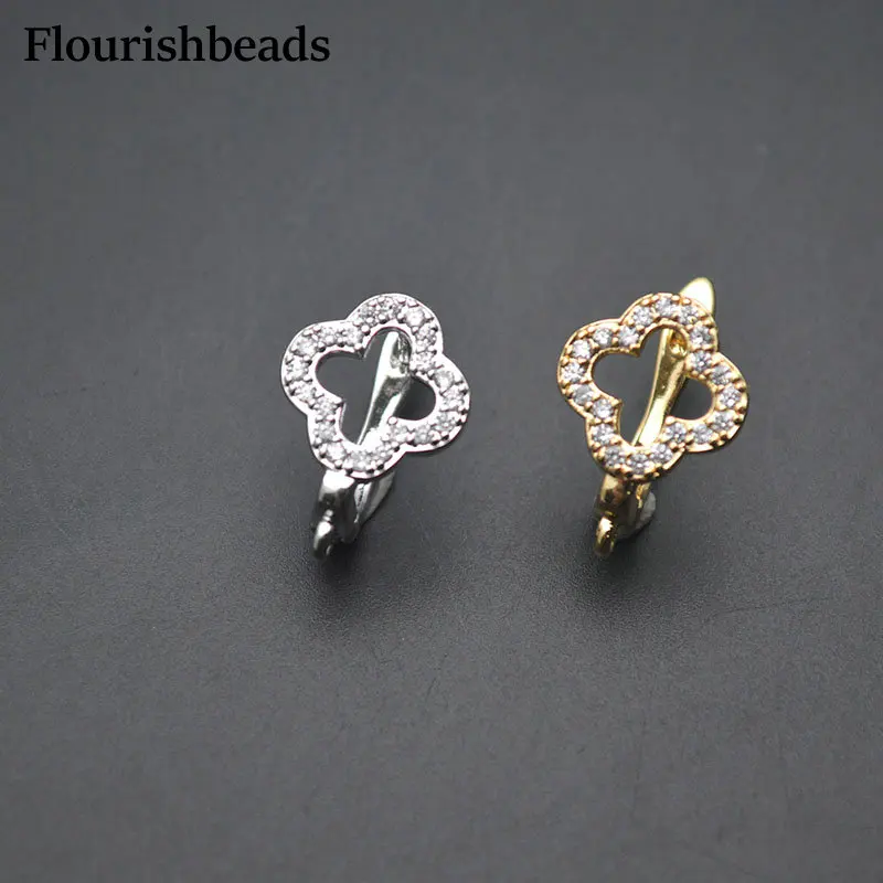 30pc High Quality Gold Silver Color CZ Beads Paved Clover Flower Shape Earring Hook Leverback Clasps For DIY Jewelry Making