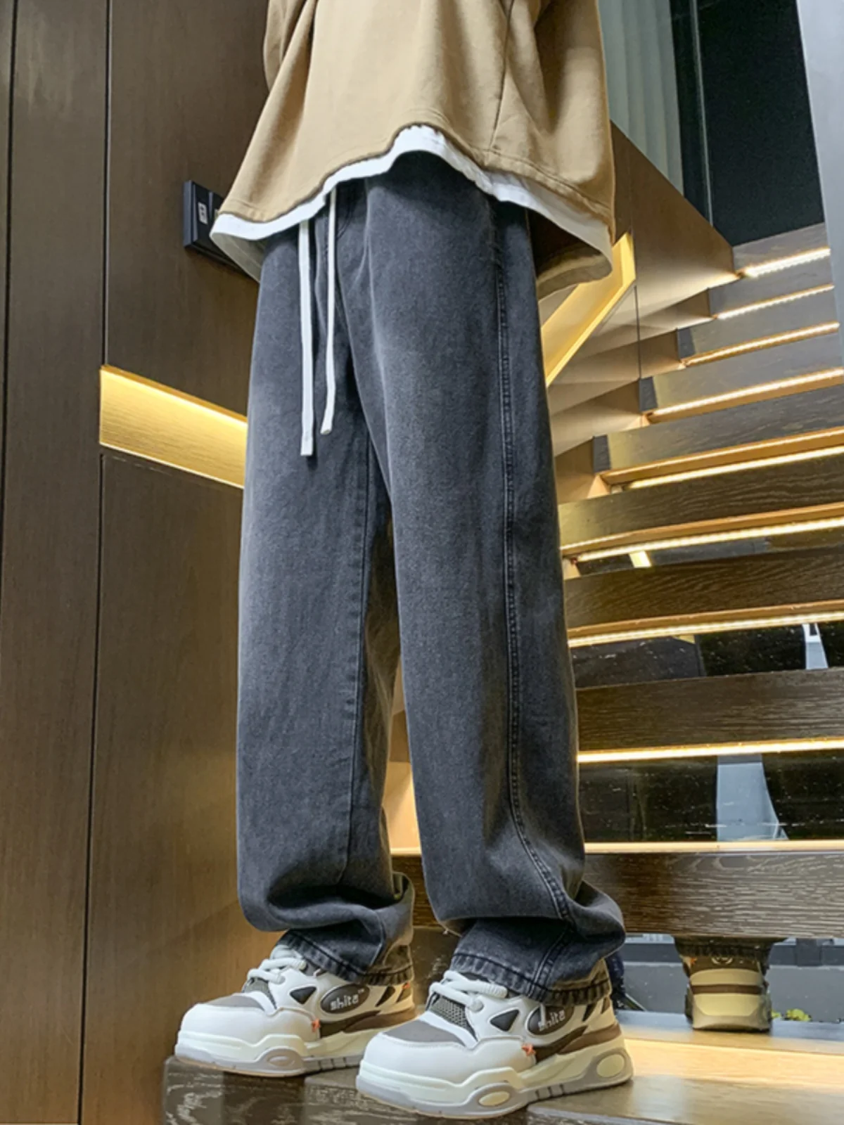 

Black Drawstring Straight Leg Jeans for Men Teens Autumn Winter Fashion Brand Oversize American Retro Long Pants