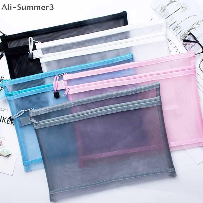 A4 A5 A6 휴대용 이중층 메쉬 지퍼 파일 가방 투명 학생 시험지 데이터 보관 가방 사무실 파일 문구류