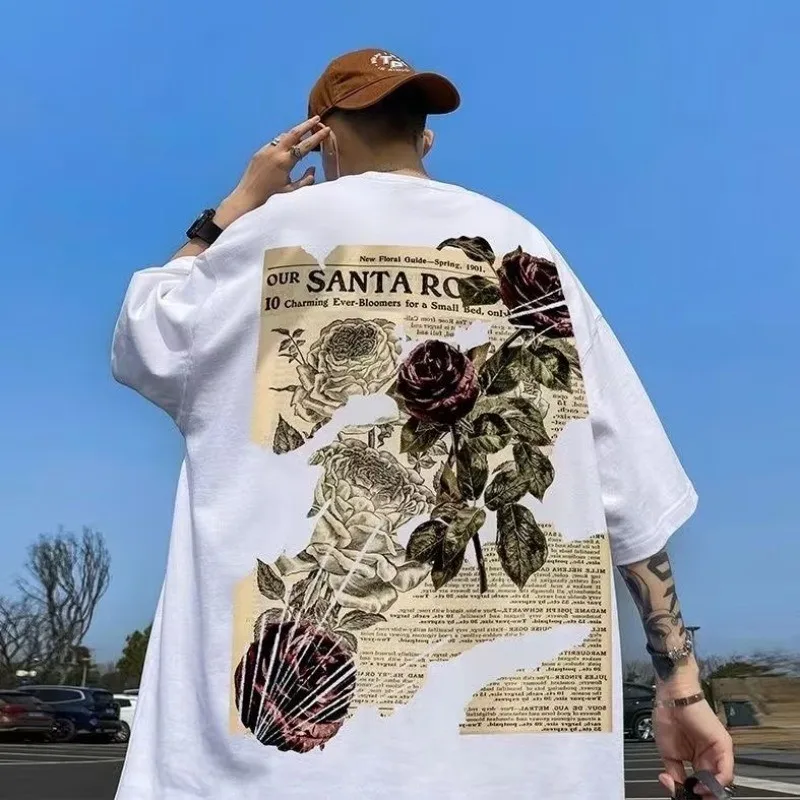 【Plus Size M-8XL】Loose Fitting Fashionable American Vintage Newspaper Rose Printed T-shirt image 3