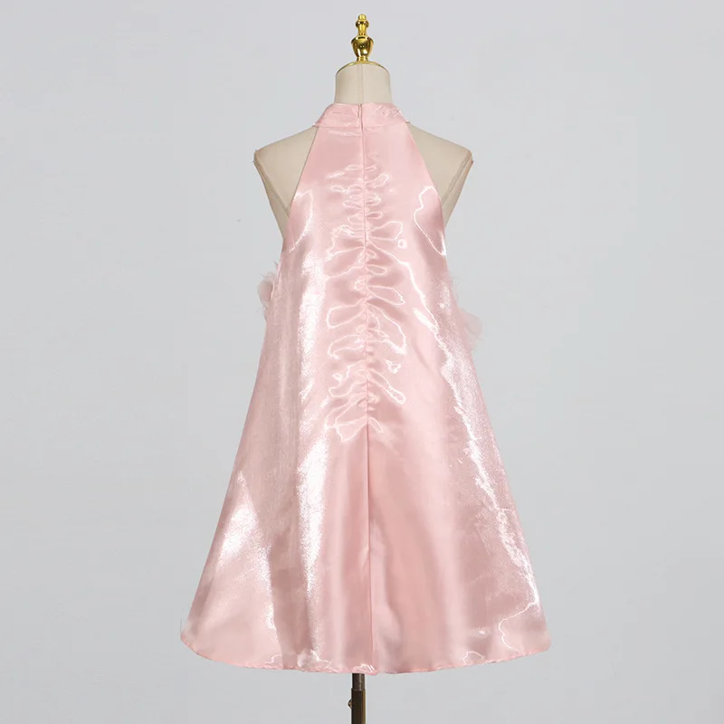 Elegant Pink 3D Floral Prom Evening Dress Luxury Backless Halter Short Dress Round Neck Loose Party Off Shoulder Party Dress