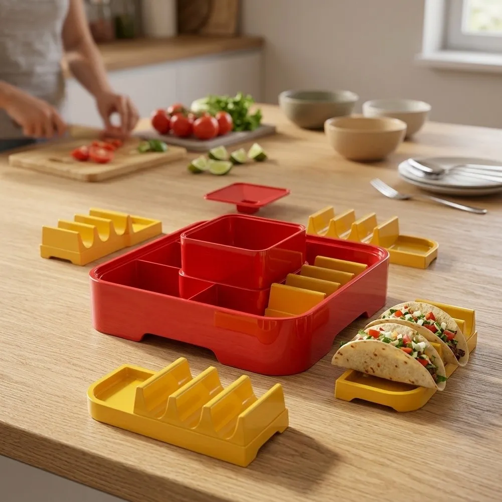 Organized Taco Serving Solution with Plastic Divided Base Tray and 4 Removable Tortilla Racks for Consistent Use