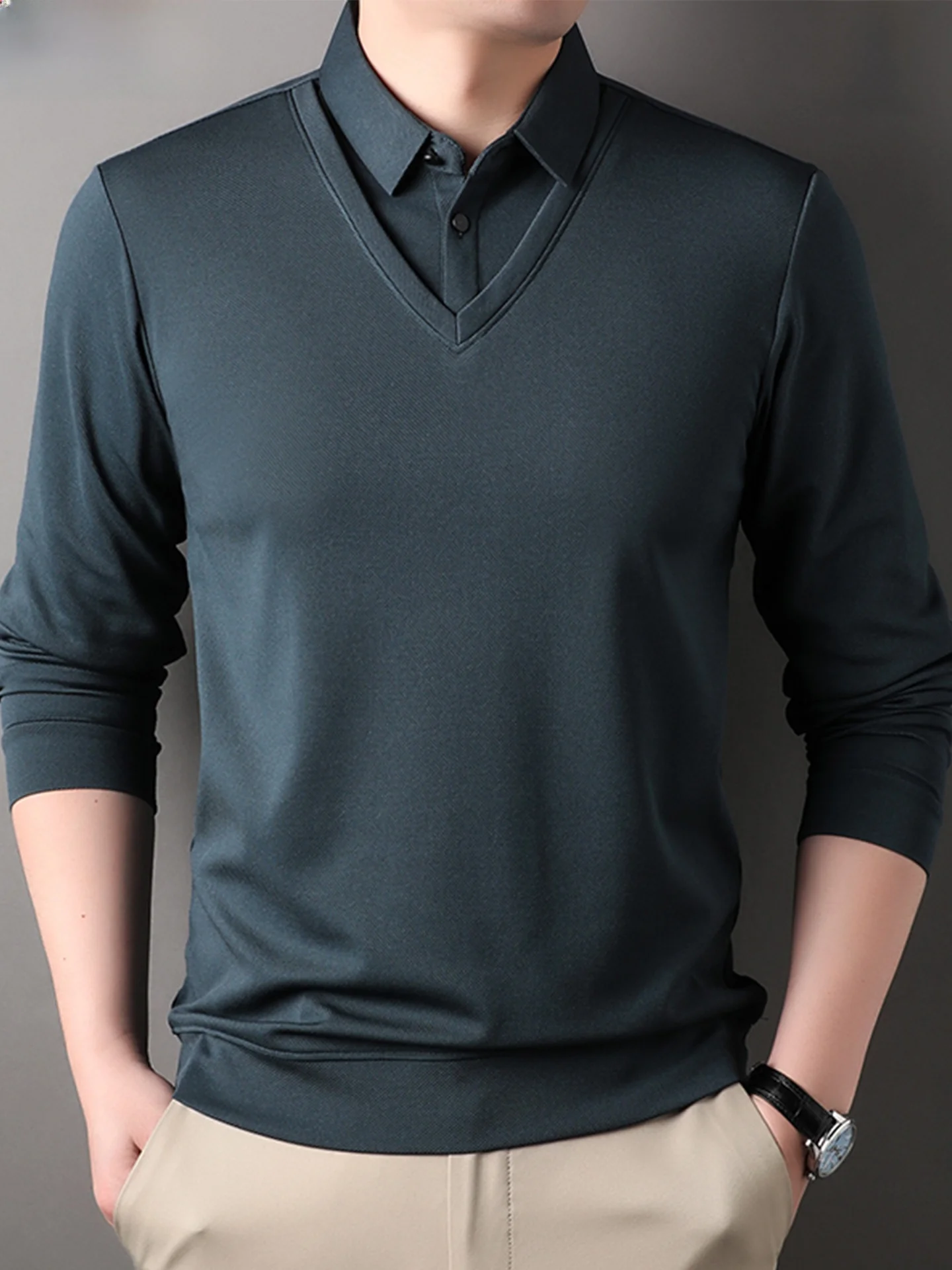 

TUCANO Мужская повседневная футболка Busin Long Sve Pure Color Ne Fake из двух частей из мягкого полиэфирного волокна против морщин