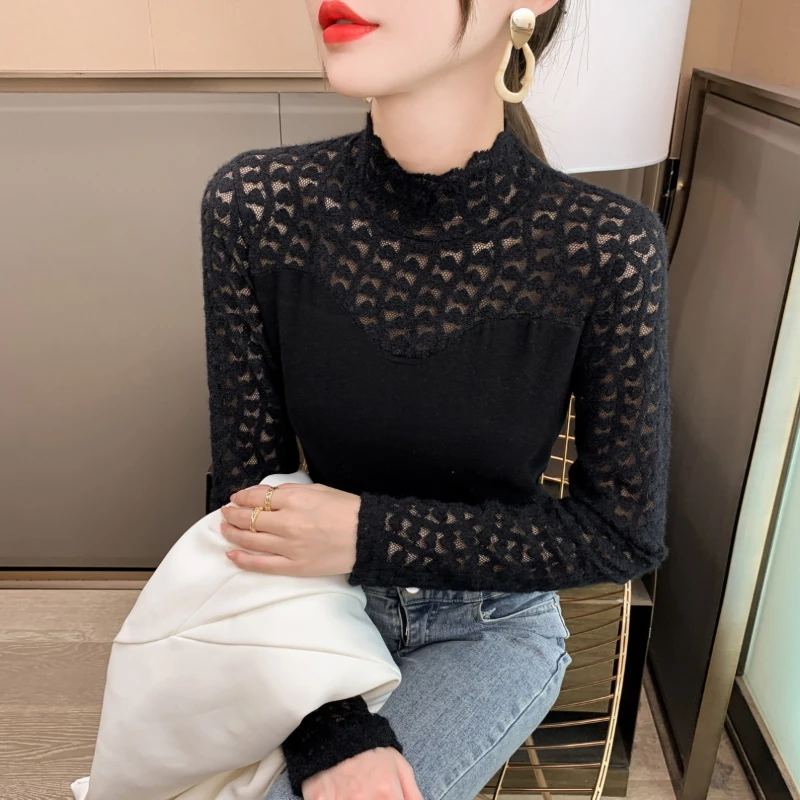Korean Fashion Autumn Winter Women\'s Mock Neck Solid Lace Hollow Warm Elegant Long Sleeve Loose Pullovers Bottoming Shirt Tops
