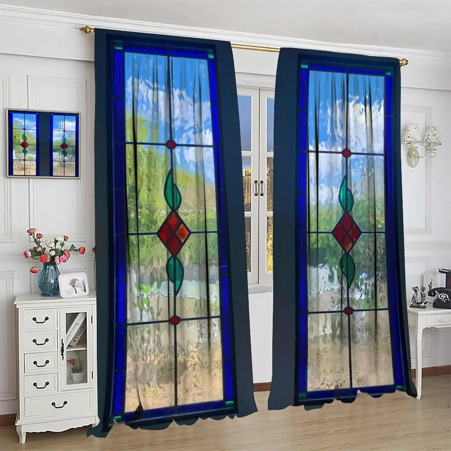 Transparent Glass Landscape Curtains,Vintage Mid-Century Bohemian Abstract Art Rod Pocket Blackout Window Treatments for Bedroom