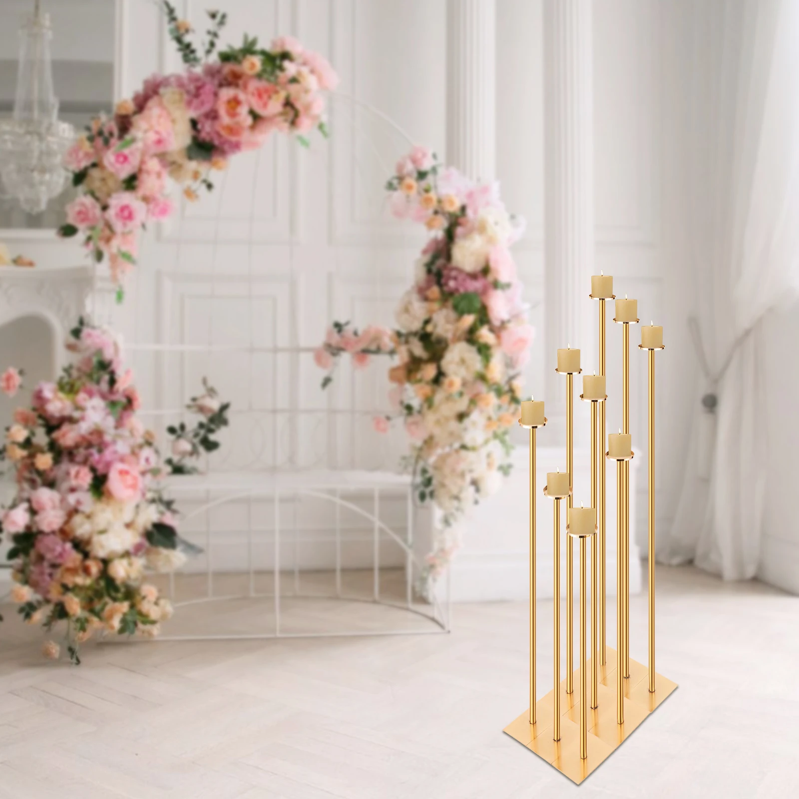 9PCS Gold Floor Candelabra Metal Slimsy Candle Holders Freestanding Centerpiece Decor