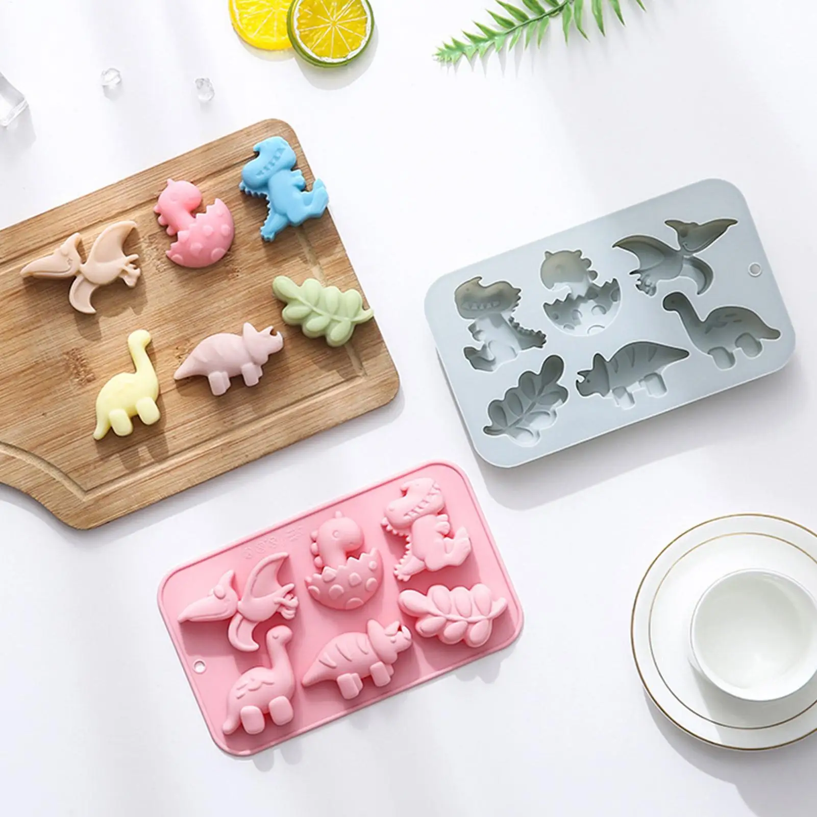 Moldes de silicona de 6 cavidades con forma de dinosaurio para gelatina, chocolate y jabón, fáciles de desmoldar para hornear postres y decorar pasteles.