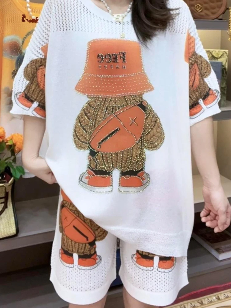

European Style New Loose-fit Short Sleeve Casual Bear Embroidered Top Versatile Shorts Women's Cartoon 2-piece Set