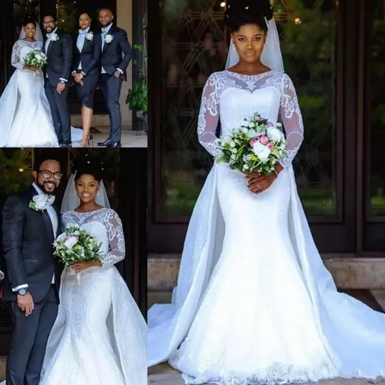 

Customized South African Mermaid Wedding Sweep Train Lace Sheer Long Sleeves Bridal Gowns Custom Made Dress