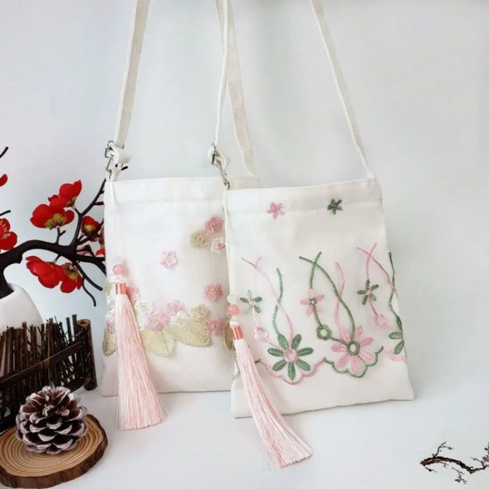 Canvas Vintage Flower Embroidery Hanfu Bag Flower Embroidery Ancient Female Shoulder Bag Chinese Style Cosmetic Makeup Bag